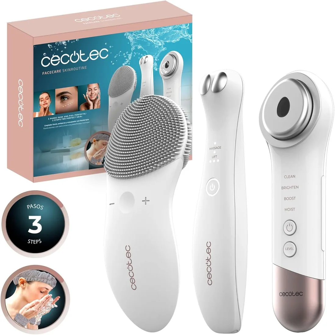 Cecotec Limpiador Facial Masajeador Fototerapia Facecare Skinroutine. Skin Care: Limpiador, Dispositivo Antiojeras y Masajeador, Potencia Elasticidad de La Piel, Incluye Diadema y Muñequeras