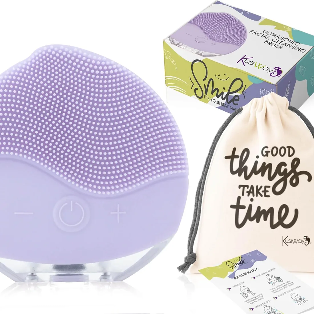 Cepillo facial limpiador eléctrico, Masajeador ultrasónico recargable de silicona resistente al agua (IPX6). Dispositivo de limpieza skincare, antiage, re afirmante, exfoliación, regalo. Smile (Lila)