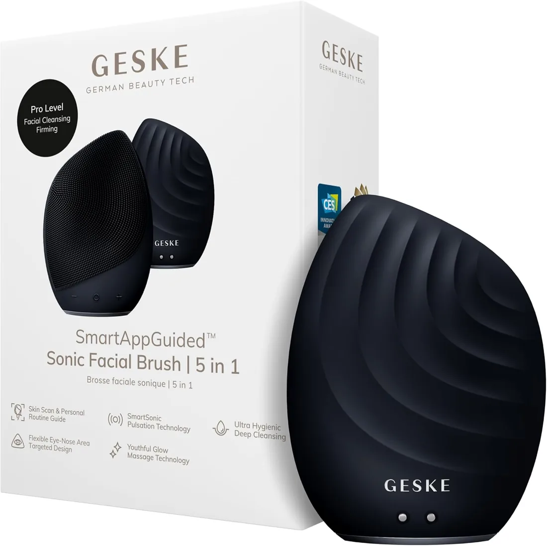 GESKE Sonic Facial Brush 5 in 1 | Exfoliante y Masajeador Facial | SmartAppGuided™ | Cepillo Limpiador Facial Eléctrico de Silicona Suave | Limpieza Facial Profunda foto 3