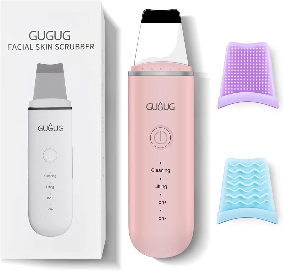 GUGUG Ultrasónico Skin Scrubber Facial,Limpiador de Poros,4 Modos | Espátula de acero inoxidable para puntos negros,grasa y piel muerta;temporizador de 5 minutos y 2 fundas de silicona.