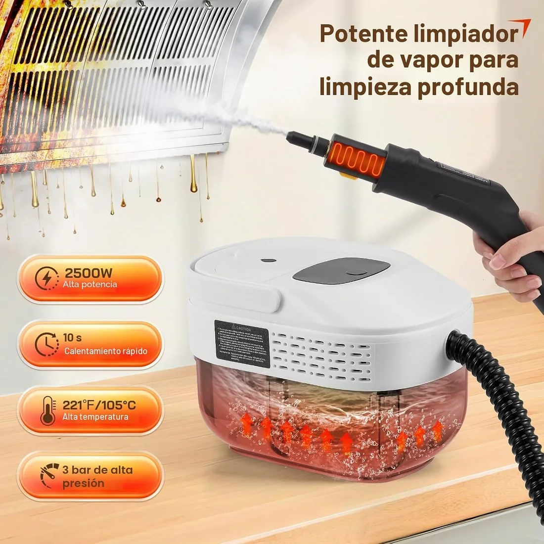 Limpiador a vapor con depósito de 1,6 L, 2500 W, 3 bares de presión y 105 °C, limpiador de vapor de alta presión, vapor caliente, limpieza multiusos sin químicos, para suelo, cocina, ventanas foto 2