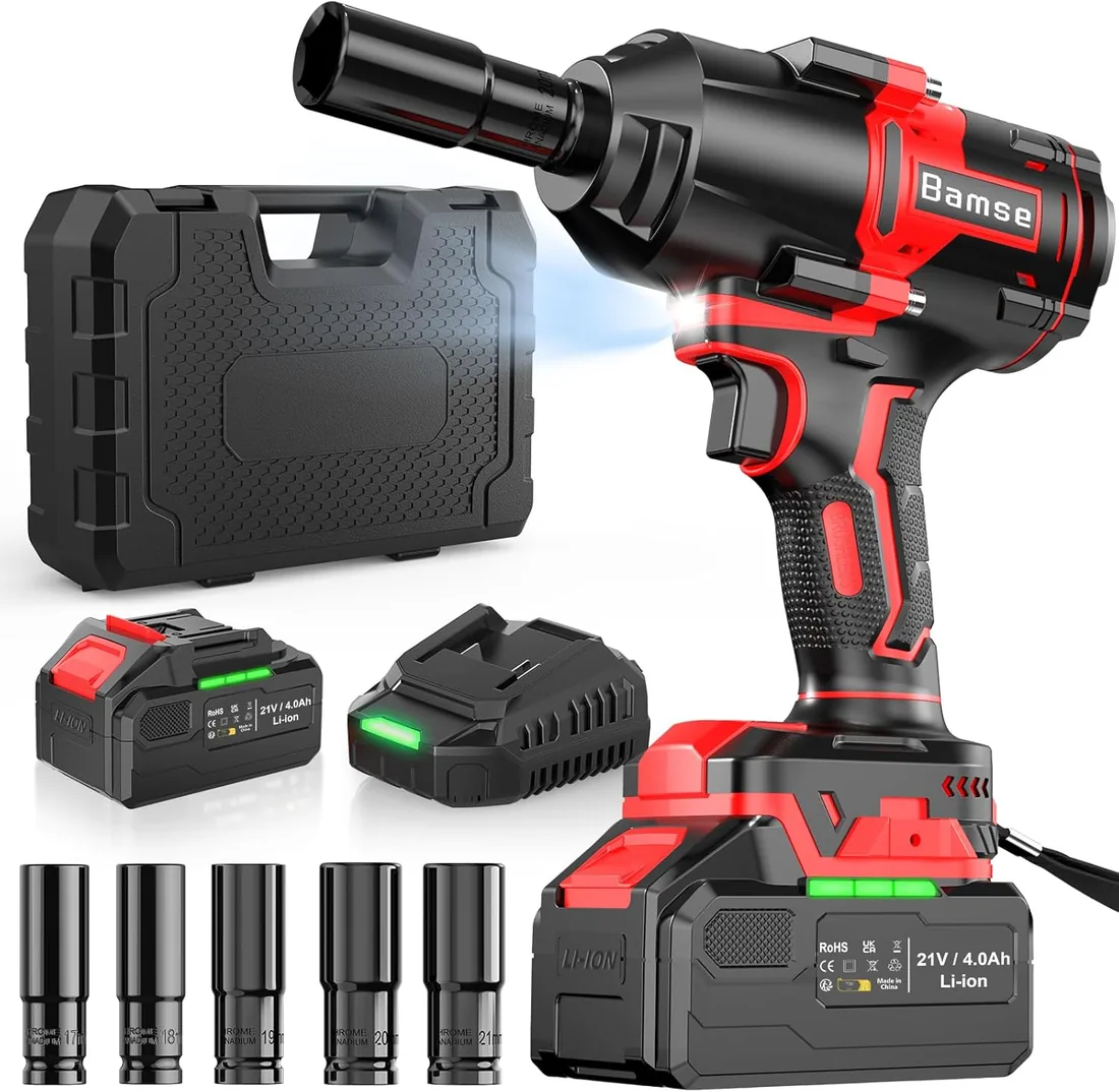 Bamse Llave de Impacto Inalámbrica sin Escobillas 1000 Nm, 1/2" Llave de Impacto Eléctrica con Batería 4000 mAh, Destornillador de Impacto 5 Casquillos incluidos Potencia y Facilidad para casa/coche