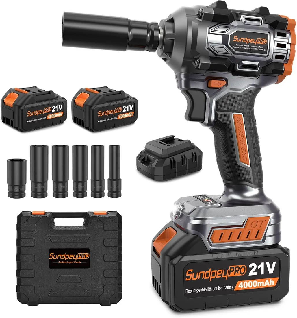 Pistola de Impacto a Batería 1000Nm, 21V Llave de Impacto sin Escobillas con 2 Baterías 4.0Ah, Destornillador de Impacto Eléctrico con 6 Enchufes y Cargador Rápido para Coche Hogar