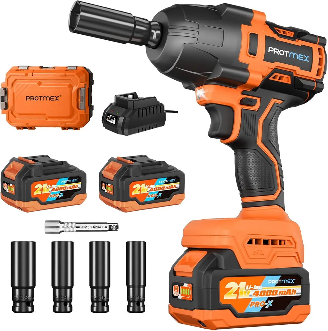Protmex Llave de impacto inalámbrica sin escobillas,2x4,0 Ah 21V Pistola de Impacto Baterías，par máximo de 1200 N.m,1/2"llave de impacto con 1 destornillador, Para Coche Familiar/Camioneta/Cortacésped