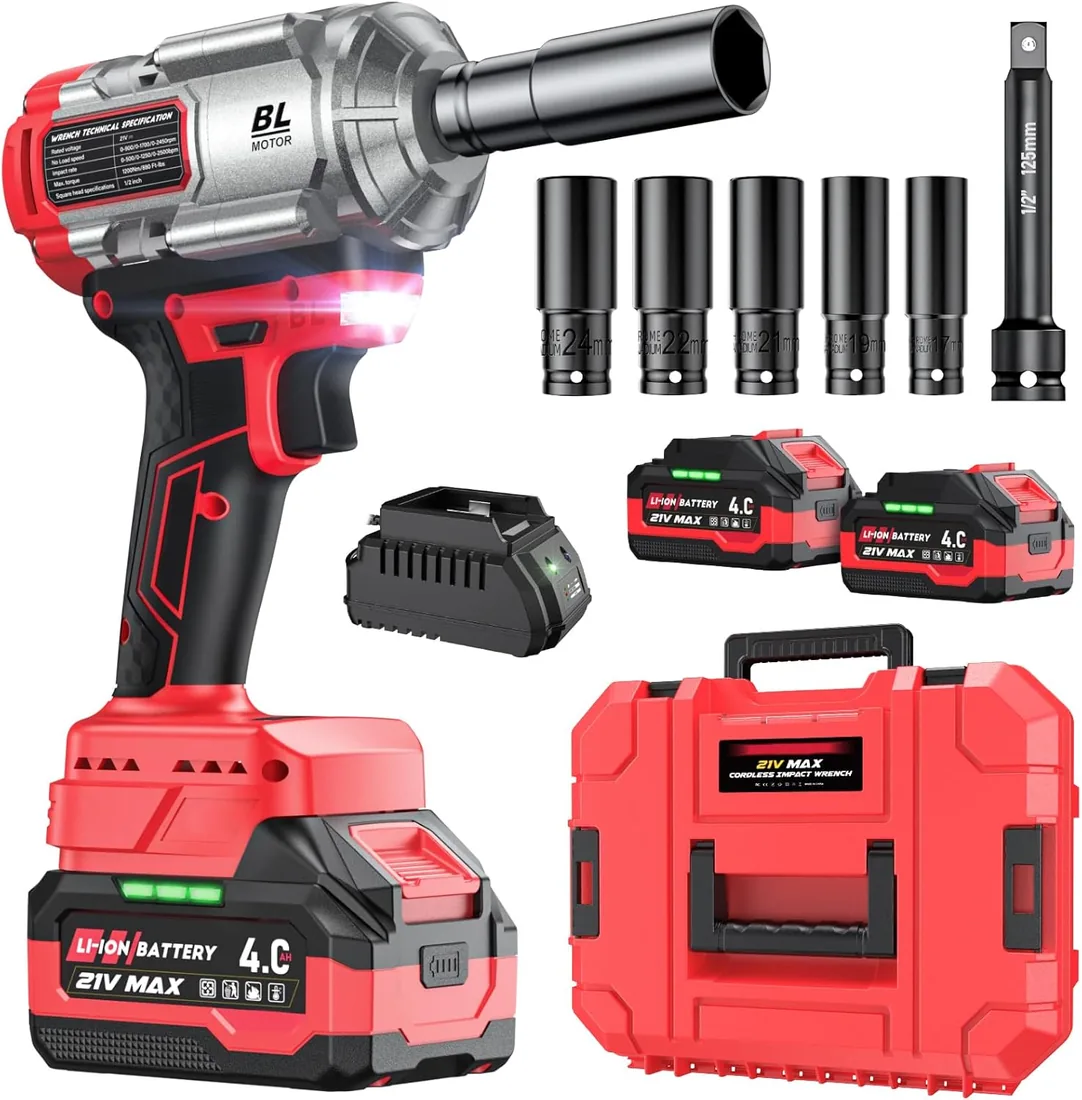 XIAZIR Llave de impacto a bateria 1200 N·m, pistola de impacto bateria, 21V 4.0Ah×2 baterías + cargador rápido, 3 velocidades + luz LED, incluye 5 vasos + barra de extensión + maletín foto 2