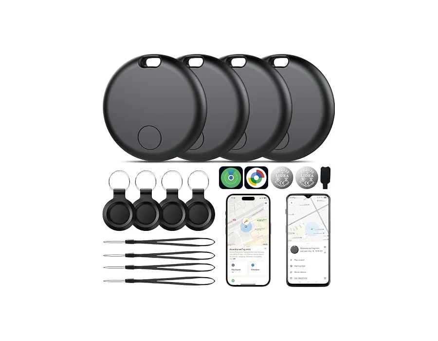 Smart Tracker Tags 4 Pack, Android Google Localizador o iOS Apple Buscar App, Localizador de Objetos Bluetooth Finder, Uso 365 días, Baterías Reemplazo, Buscador para Llaves/Carter