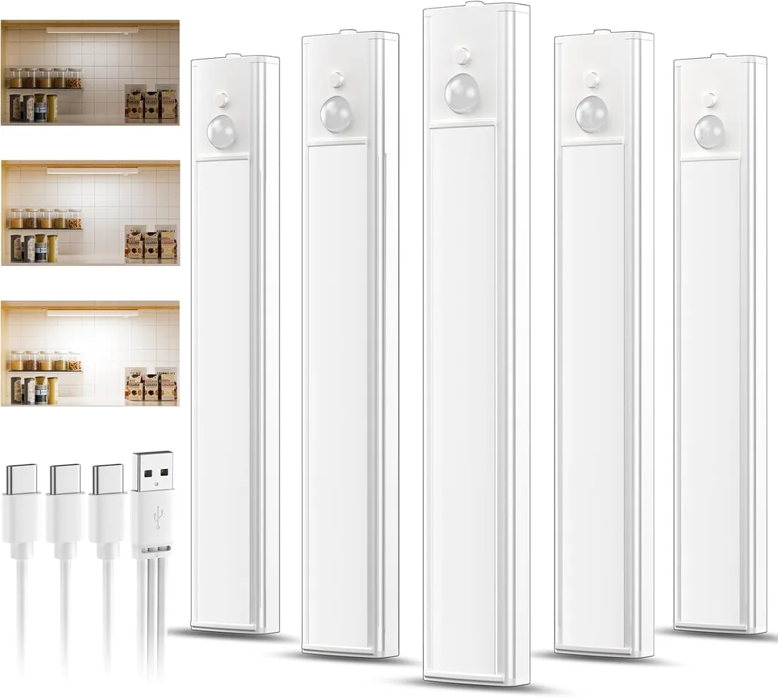 daphomeu 5 Pack 20CM Luces led Cocina Recargables, Atenuable tipo C carga | Luz Armario Sensor Movimiento,Blanco frío Luz Sensor Movimiento Interior, Lampara Led para estantería, armario de escaleras