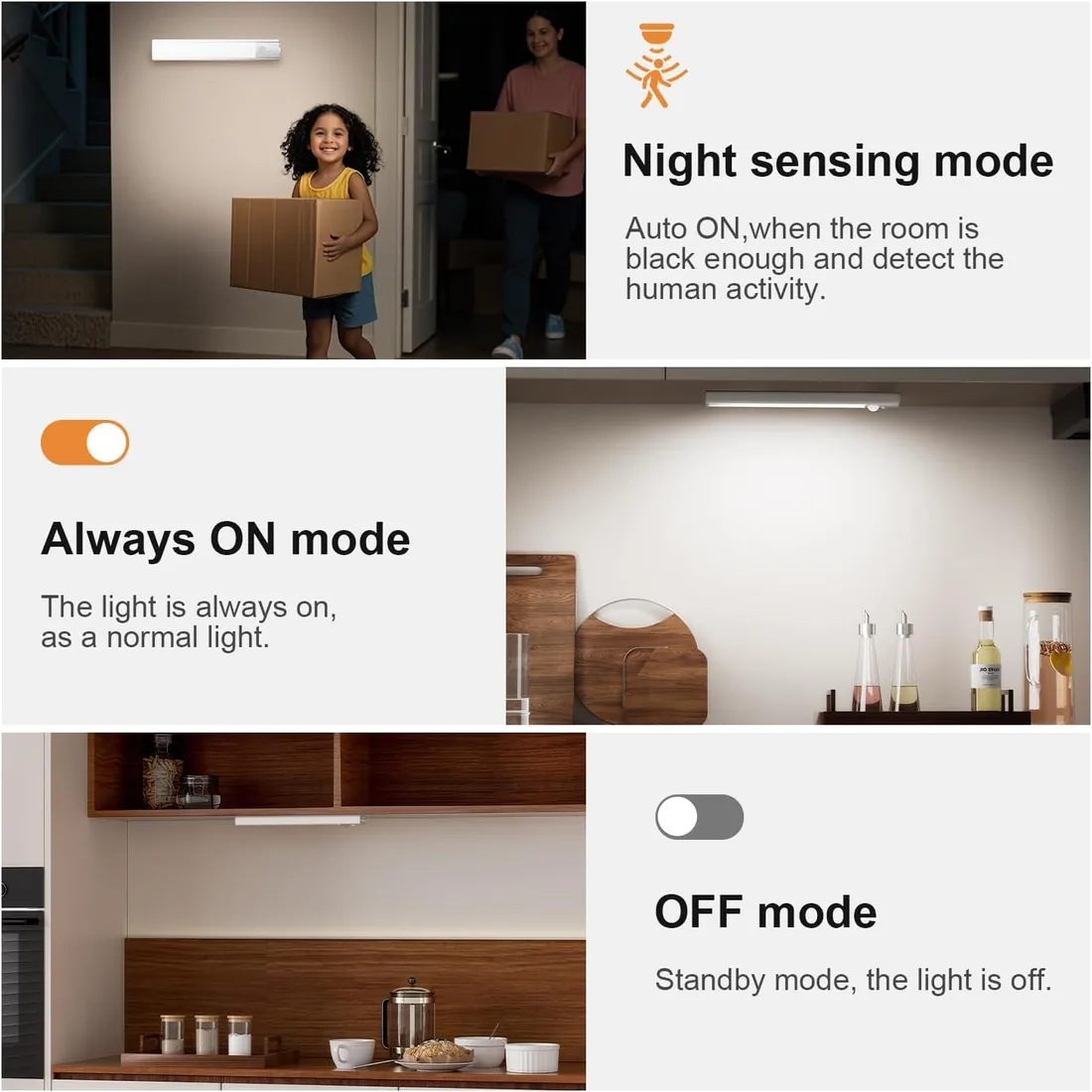 daphomeu 5 Pack 20CM Luces led Cocina Recargables, Atenuable tipo C carga | Luz Armario Sensor Movimiento,Blanco frío Luz Sensor Movimiento Interior, Lampara Led para estantería, armario de escaleras foto 3