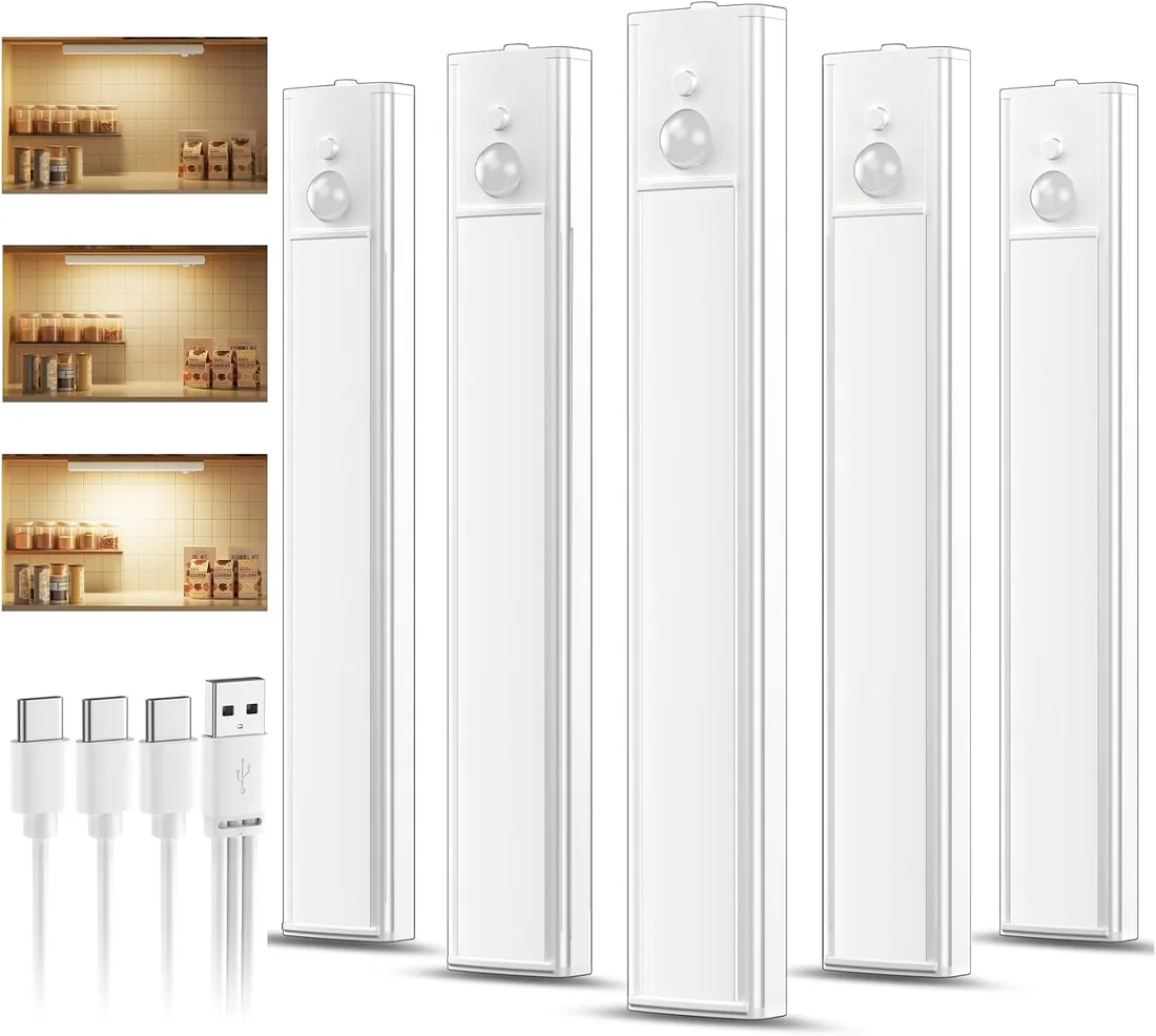 daphomeu 5 Pack Luces led Cocina Recargables,Luz Armario Sensor Movimiento Atenuable tipo C carga,Luz Sensor Movimiento Interior, Lampara Led para estantería, armario de escaleras