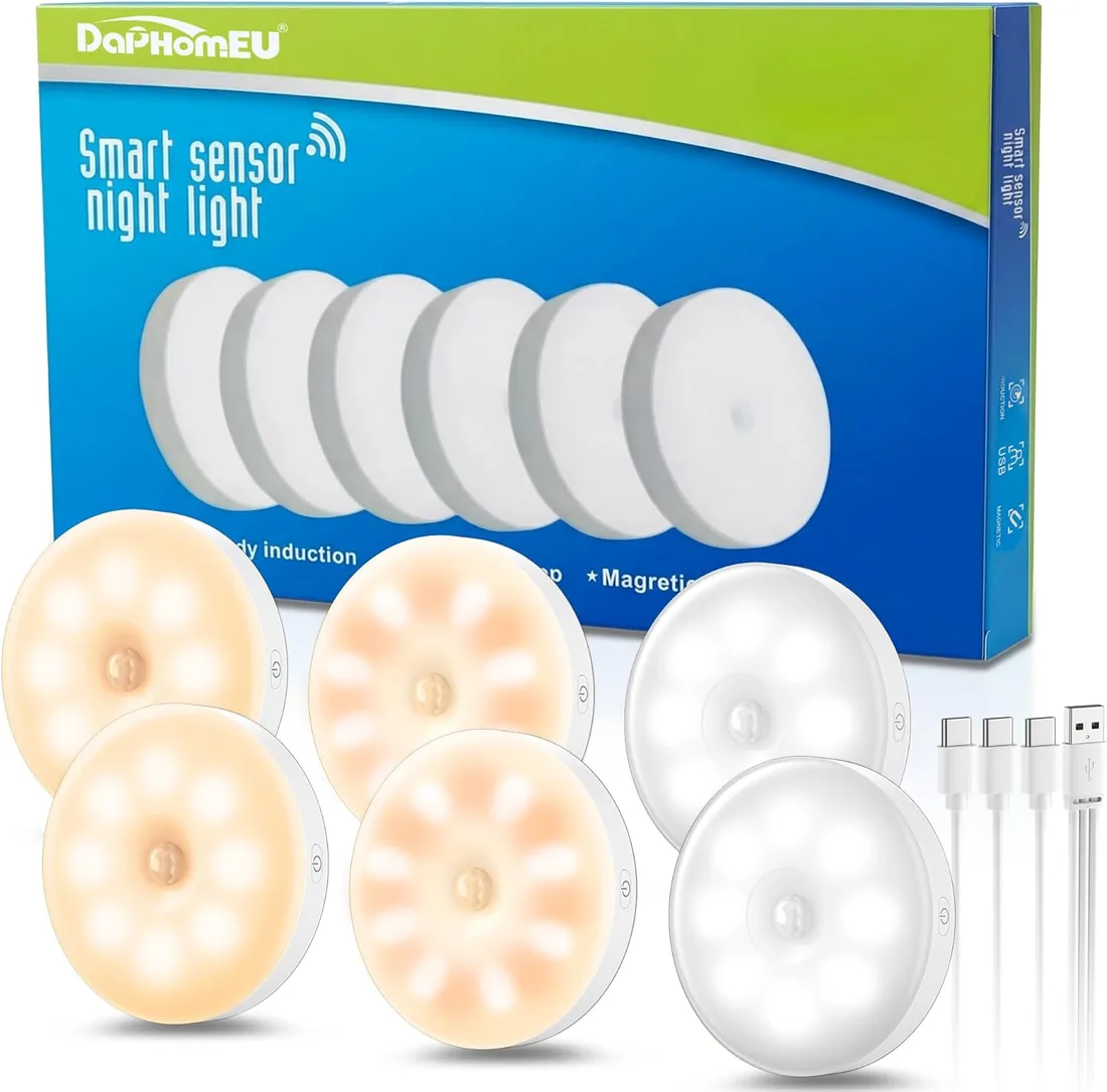 daphomeu 6 Pack de Luz led con Sensor de Movimiento Usb Recargable, Luces con Sensor de Movimiento Interiores, IluminacióN Led Para Escaleras, IluminacióN de Armario, 3 Modos de Luz Para