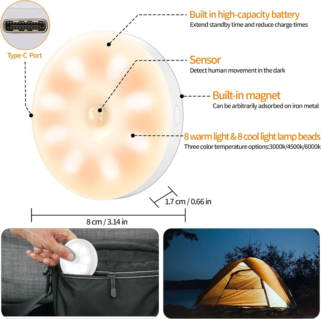 daphomeu 6 Pack de Luz led con Sensor de Movimiento Usb Recargable, Luces con Sensor de Movimiento Interiores, IluminacióN Led Para Escaleras, IluminacióN de Armario, 3 Modos de Luz Para foto 3
