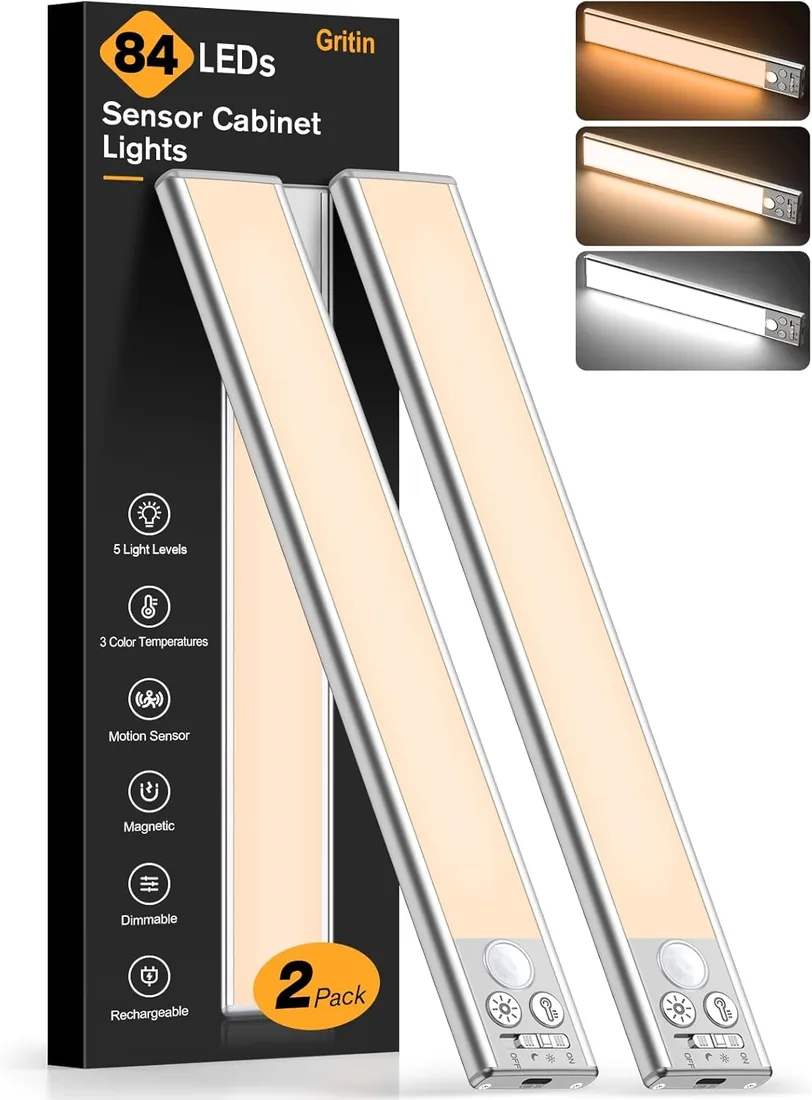 Gritin Luz de Armario Recargable, 26CM Superbrillantes Luces Cocina, 2 uds. | 3 Colores & 5 Niveles de Brillo, 4 Modos, Sensor Movimiento, Larga Duración, Fácil Instalación, Luces Armario Magnéticas