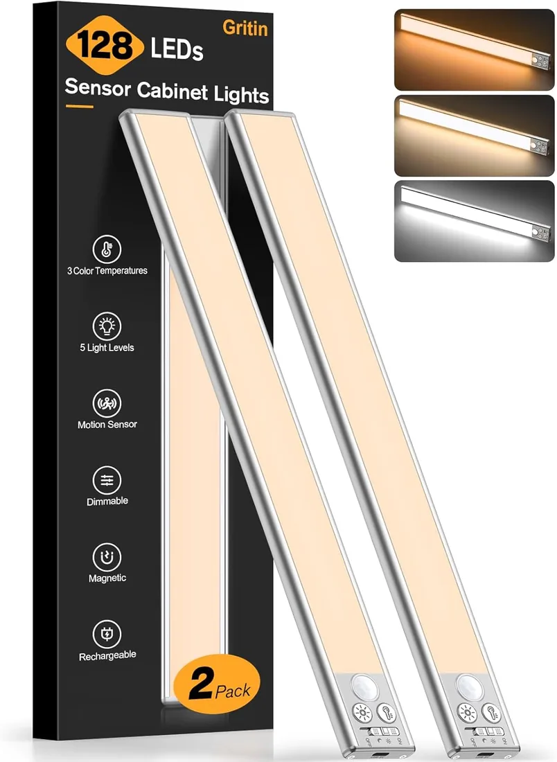 Gritin Luz de Armario Recargable, 37.5CM Superbrillantes Luces Cocina, 2uds | 3 Colores & 5 Niveles de Brillo, 4 Modos, Sensor Movimiento, Larga Duración,Fácil Instalación, Luces Armario Magnéticas,Plata
