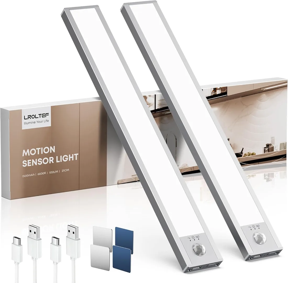 LROLTEF Luz Led Armario Cocina con Sensor de Movimiento Interior 21CM 6500K | 1500mAh 32 LED Lampara Luces Mueble Recargable sin Cables Inteligente Lamp Nocturna para Gabinete Escalera Pasillo 2 Piezas
