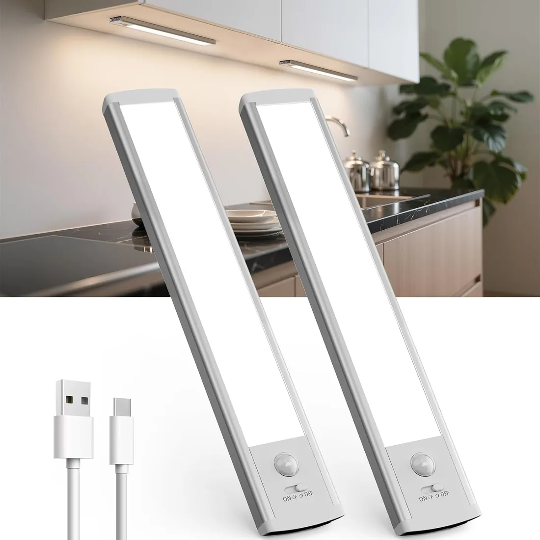 Luz LED Armario con Sensor de Movimiento, 20cm Luces LED Cocina | 5 Niveles de Luminosidad & 4 Modos, Lámpara USB-C Recargable Magnética para Armario, Escalera, Cocina - 2 Piezas