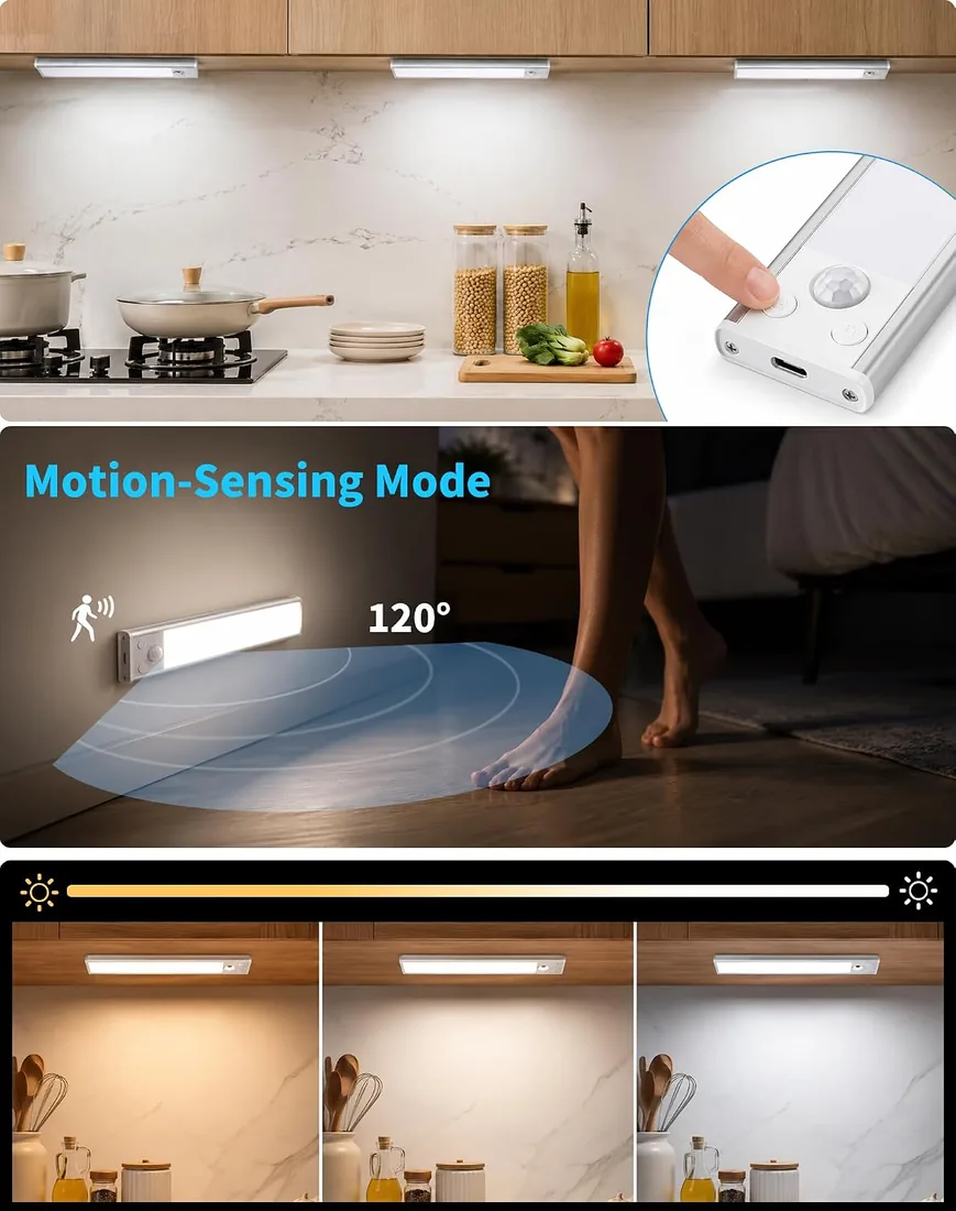 Luz LED Sensor Movimiento Cocina - Armario Luces Pilas Adhesiva Recargable | Magnetica Lampara sin Cables Bajo Mueble Interior Armarios Tira Lamparas Pared Barra Light Iluminacion Inalambrica Lights USB foto 2