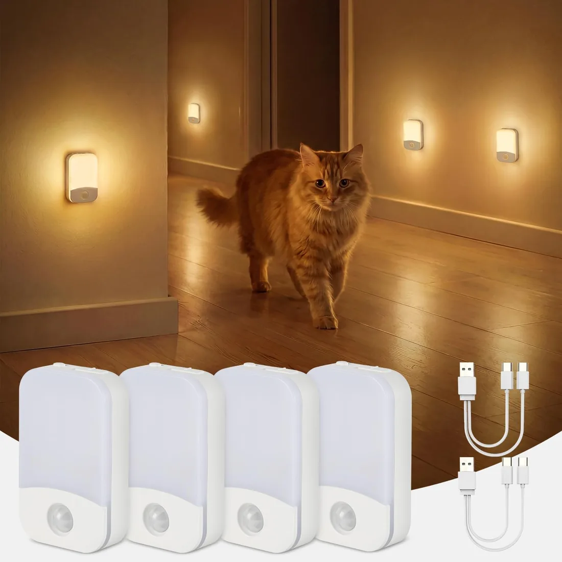 Luz Nocturna Sensor Movimiento Recargable Lámpara de Noche 4 Piezas | 3 Modos Auto/Encendido/Apagado, Regulable Blanco Cálido/Natural/Frío, Lampara Nocturna para Escalera, Pasillo, Cocina, Sótano