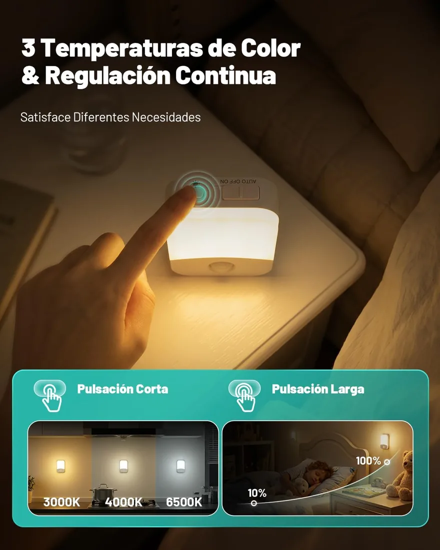 Luz Nocturna Sensor Movimiento Recargable Lámpara de Noche 4 Piezas | 3 Modos Auto/Encendido/Apagado, Regulable Blanco Cálido/Natural/Frío, Lampara Nocturna para Escalera, Pasillo, Cocina, Sótano foto 2