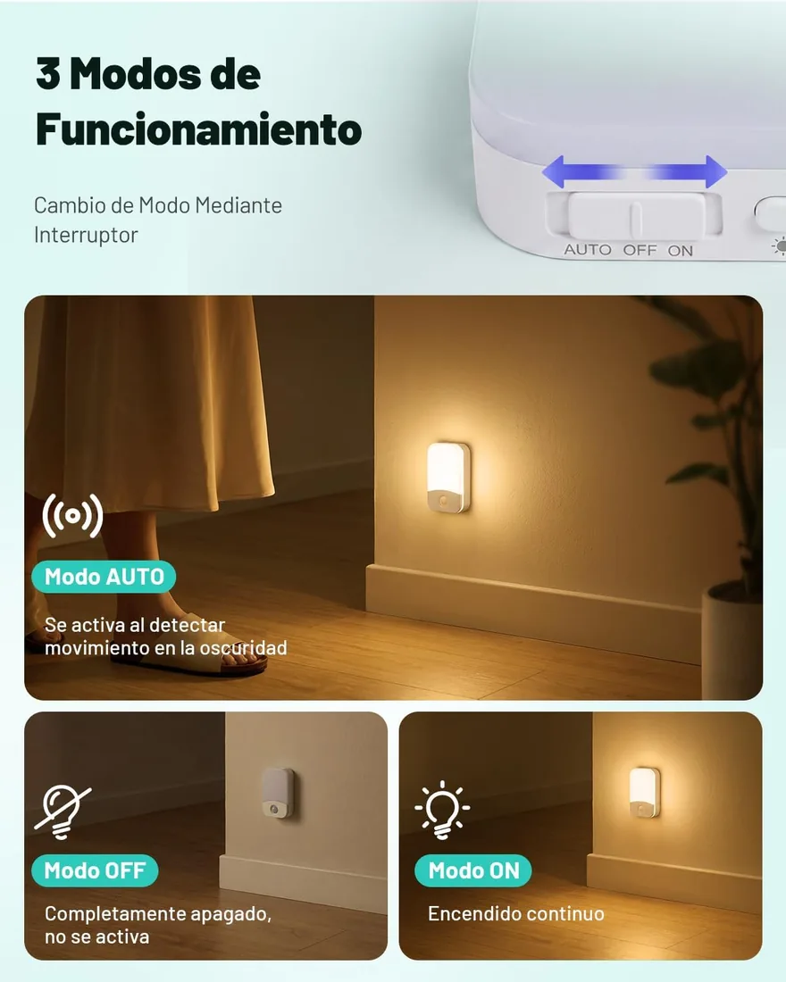 Luz Nocturna Sensor Movimiento Recargable Lámpara de Noche 4 Piezas | 3 Modos Auto/Encendido/Apagado, Regulable Blanco Cálido/Natural/Frío, Lampara Nocturna para Escalera, Pasillo, Cocina, Sótano foto 3