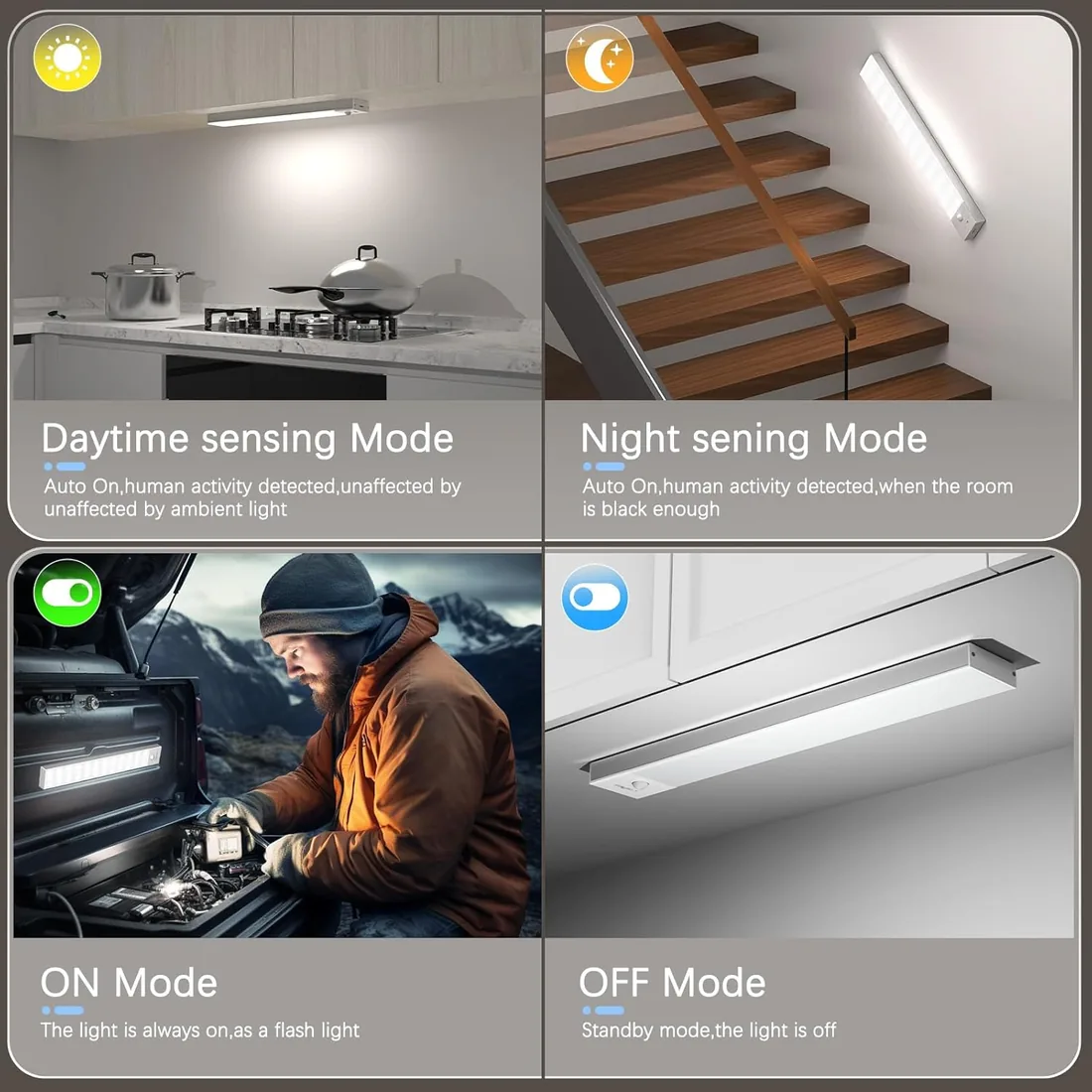 OUILA Luz LED Armario Magnética con Sensor Movimiento Blanco Natural 5000K 36 LEDs 4 Modos Luz LED Adhesiva USB Recargable 1000mAh Luce para Cocina, Armario, Escalera, Pasillo, Garaje-2 Piezas foto 2