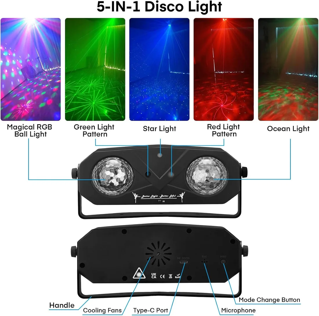 Luces Discoteca 5 en 1 con Trípode, Bola de Caleidoscopio, Luz de Estrella, Activada por Sonido, Efecto Estroboscópico, Luz de Bola de Discoteca Portátil para DJ, Fiestas, Discotecas y Cumpleaños foto 2