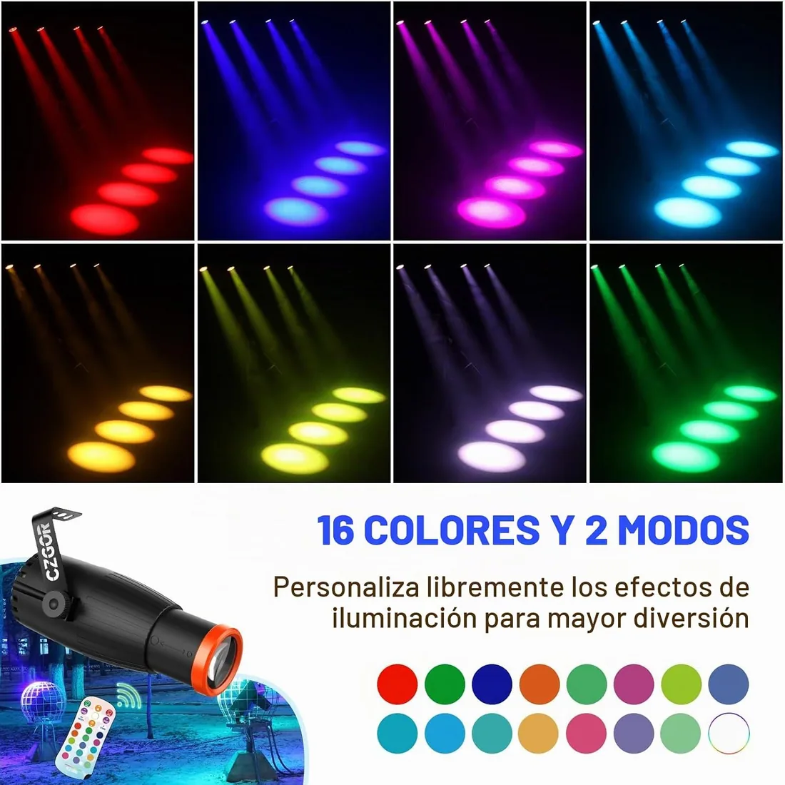 Luces Pinspot, Czgor Focos De Disco De Enfoque Manual, Luces Altas 16 Color LED 18W RGBW 4 En 1, Columnas Guía De Luz Súper Brillantes, Iluminación Efecto Escenario para Bola Discoteca Fiesta DJ Boda foto 2