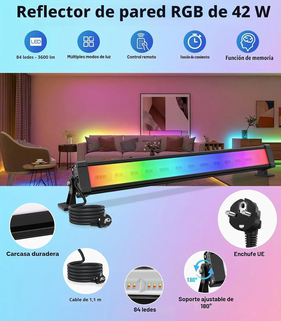 MEIHUA Foco RGB Exterior 42W Barra de Luz LED RGB con Mando a Distancia | 10 Colores, 30 Modos Dinámicos, 6 Brillos, IP66 Impermeable, Función de Memoria, Temporizador, Control Remoto de 12 m foto 2