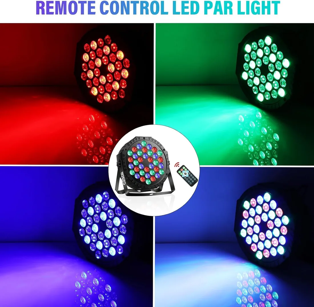 Paquete de 2 luces LED para escenario, 36 W, RGB DJ, con reproducción automática activada por sonido por control remoto y control DMX, luces ascendentes para eventos, bodas, fiestas, clubes foto 3