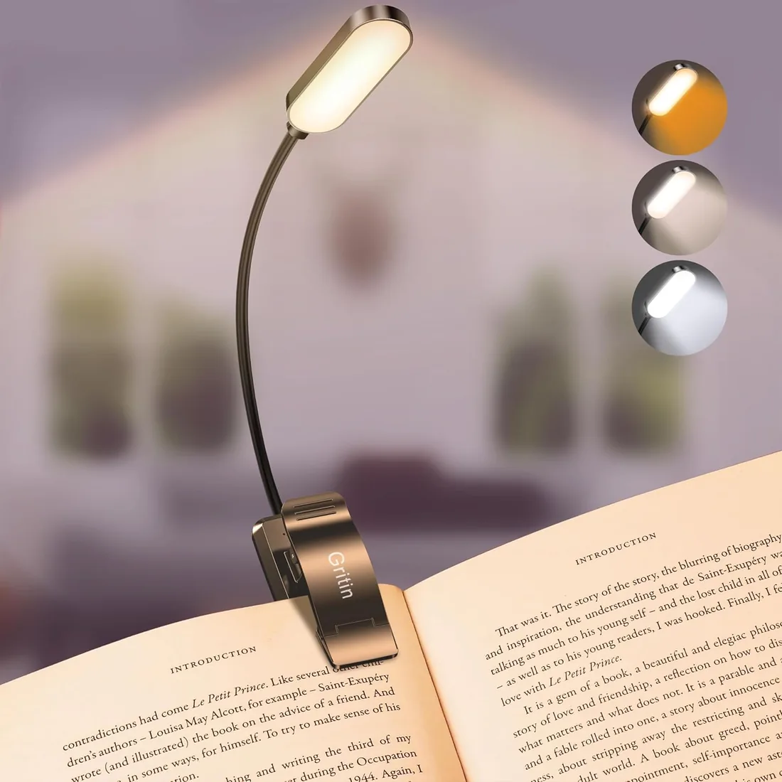 Gritin 16 LED Luz de libro, Lampara Libro de Lectura, 3 Modos de Protección | Los Ojos (Blanco/Ámbar/Mixto) - Atenuación Continua, Recargable, Batería de Larga Duración, Luz de Lectura con Clip foto 2
