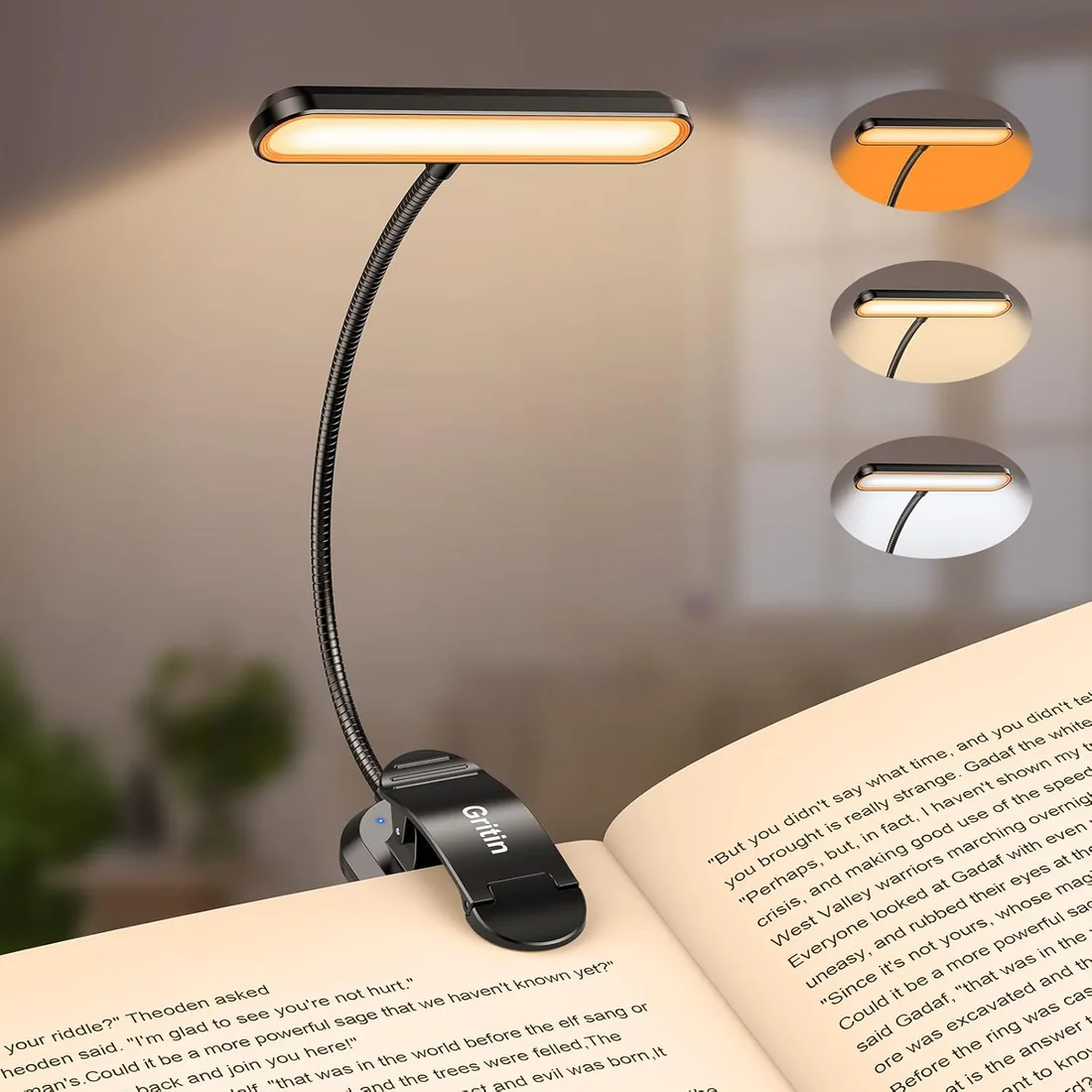 Gritin 19 LED Luz de Lectura, 360° Flexible Ajustable Lámpara de Lectura | Recargable, 3 Colores de Luz & 5 Brillos, Protección Ocular Lampara Libro con Modo Memoria, Largas Horas para Lectores Noche foto 2