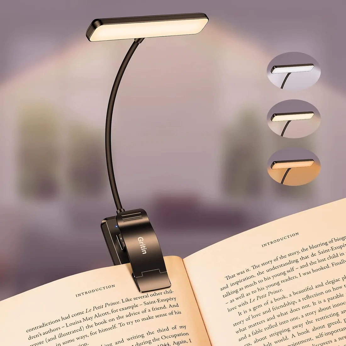 Gritin 19 LED Luz de Lectura, Lámpara de Lectura Recargable, 360° Flexible | 3 Modos de Iluminación - Protección Ocular, Atenuación Continua, Larga Duración, Luz de libro para leer en la cama foto 3