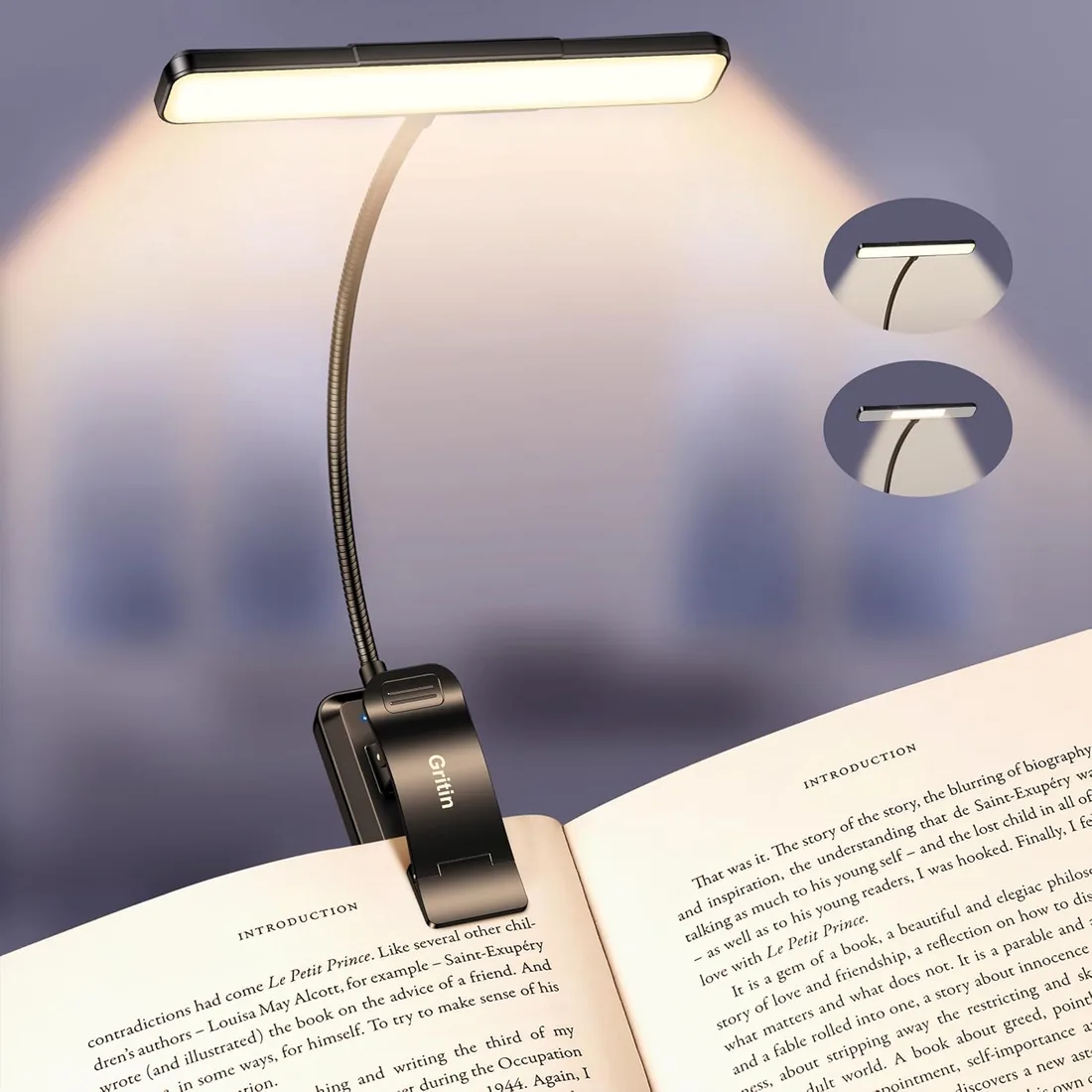Gritin 2026 Luz Lectura Gen 2, Recargable con 32 LED de Espectro Completo | Protección Ocular, 5 Colores y 5 Niveles de Brillo, Ajustable Haz Ancho/Estrecho, Batería Larga Duración Ideal para leer foto 3