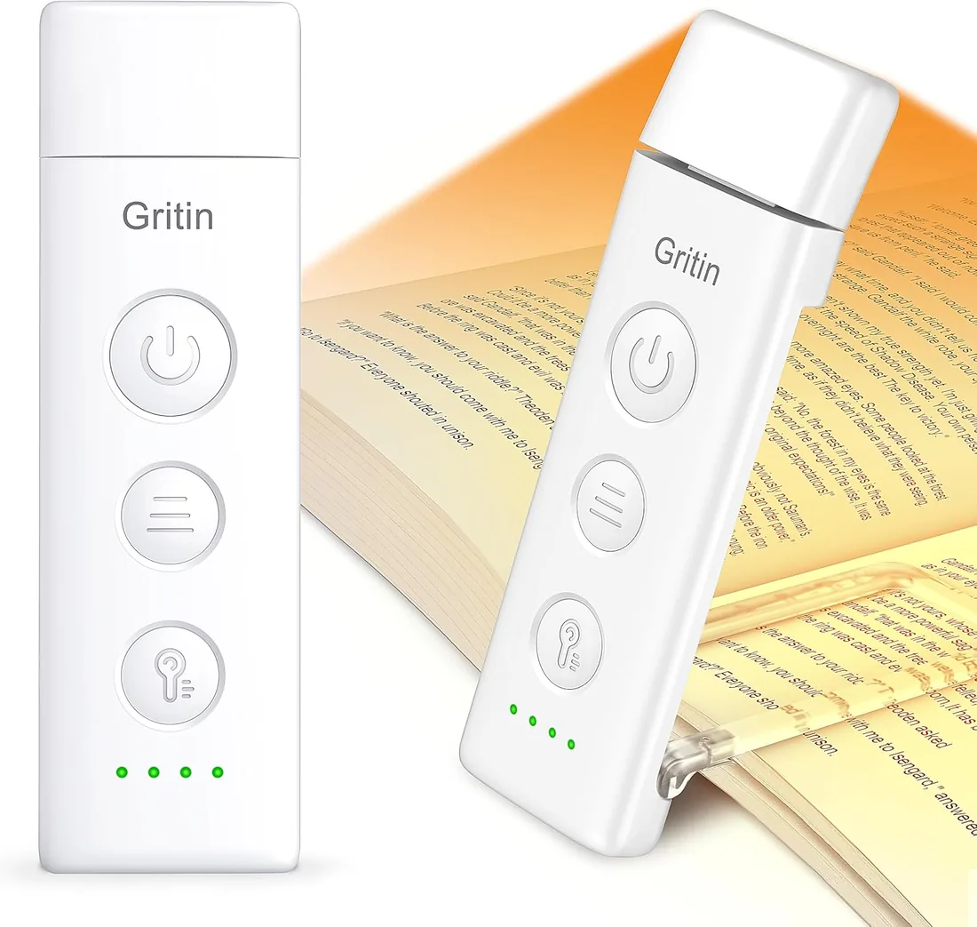 Gritin Luz de Lectura, Lámpara de Lectura Recargable con Pinzas | 3 Colores de Protección Ocular, 5 Brillos Continuamente Ajustables, Luz Libro de Ángulo Ajustable, Regalo Amantes para Leer foto 2