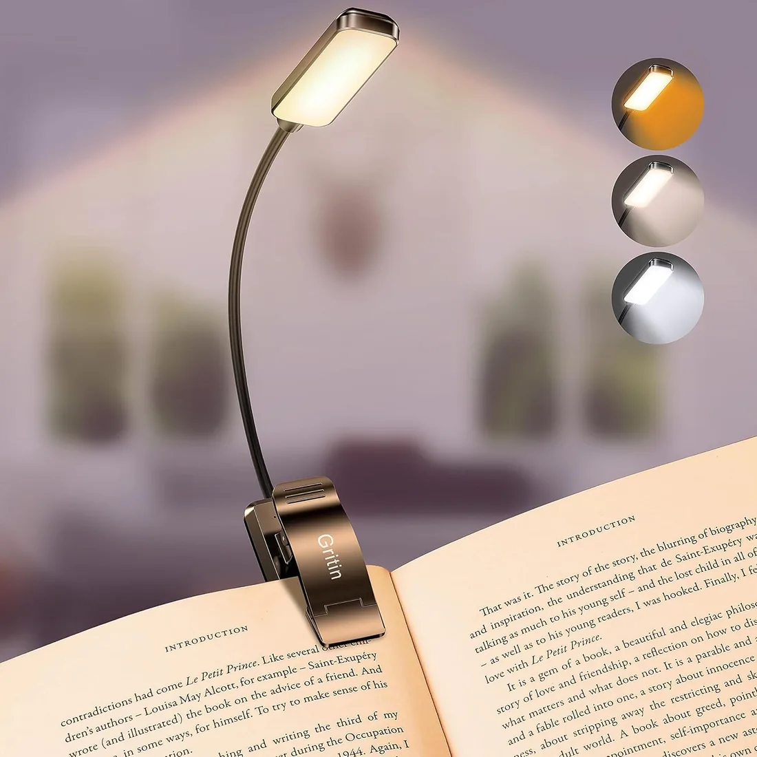 Gritin Luz de Lectura Recargable, Lampara Libro de Lectura con 9 LED | 3 Modos de Protección de Los Ojos - Atenuación Continua, Batería de Larga Duración, 360° Flexible Luz de Libro con Clip