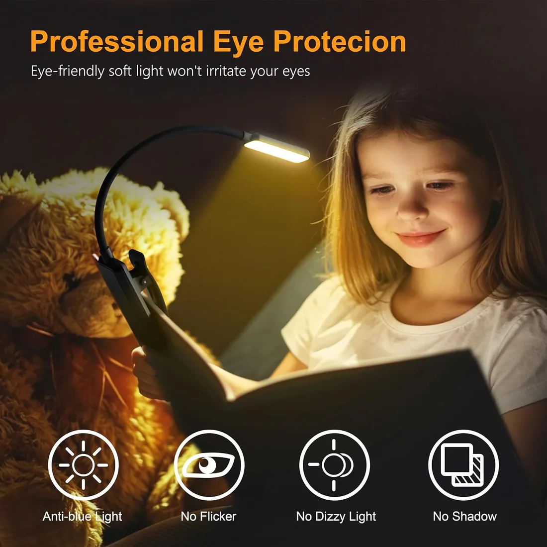 Gritin Luz de Lectura Recargable, Lampara Libro de Lectura con 9 LED | 3 Modos de Protección de Los Ojos - Atenuación Continua, Batería de Larga Duración, 360° Flexible Luz de Libro con Clip foto 2