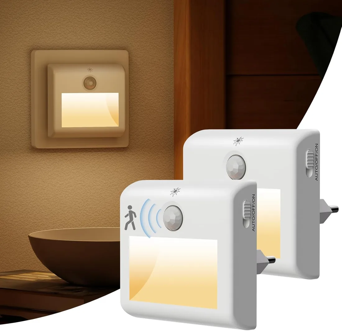 2 Luces Nocturnas de Enchufe, Sensor de Movimiento, Luz Nocturna Infantil | 3000K Blanco Cálido, 3 Modos ON/AUTO/OFF, Brillo Regulable, Control Táctil, para Dormitorio, Pasillo, Escaleras y Baño foto 3