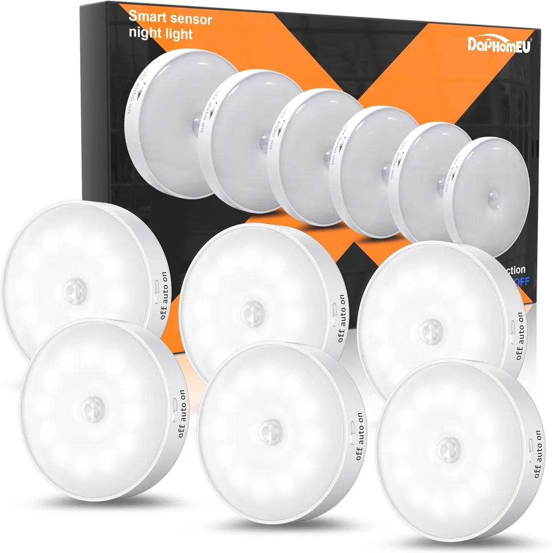6 Pack Luz Led Nocturna con Sensor de Movimiento,12 LED, Lámpara LED Recargable USB, Luz Nocturna para pared, iluminación de armario, sensor de movimiento interior para escaleras, dormitorio, cocina.