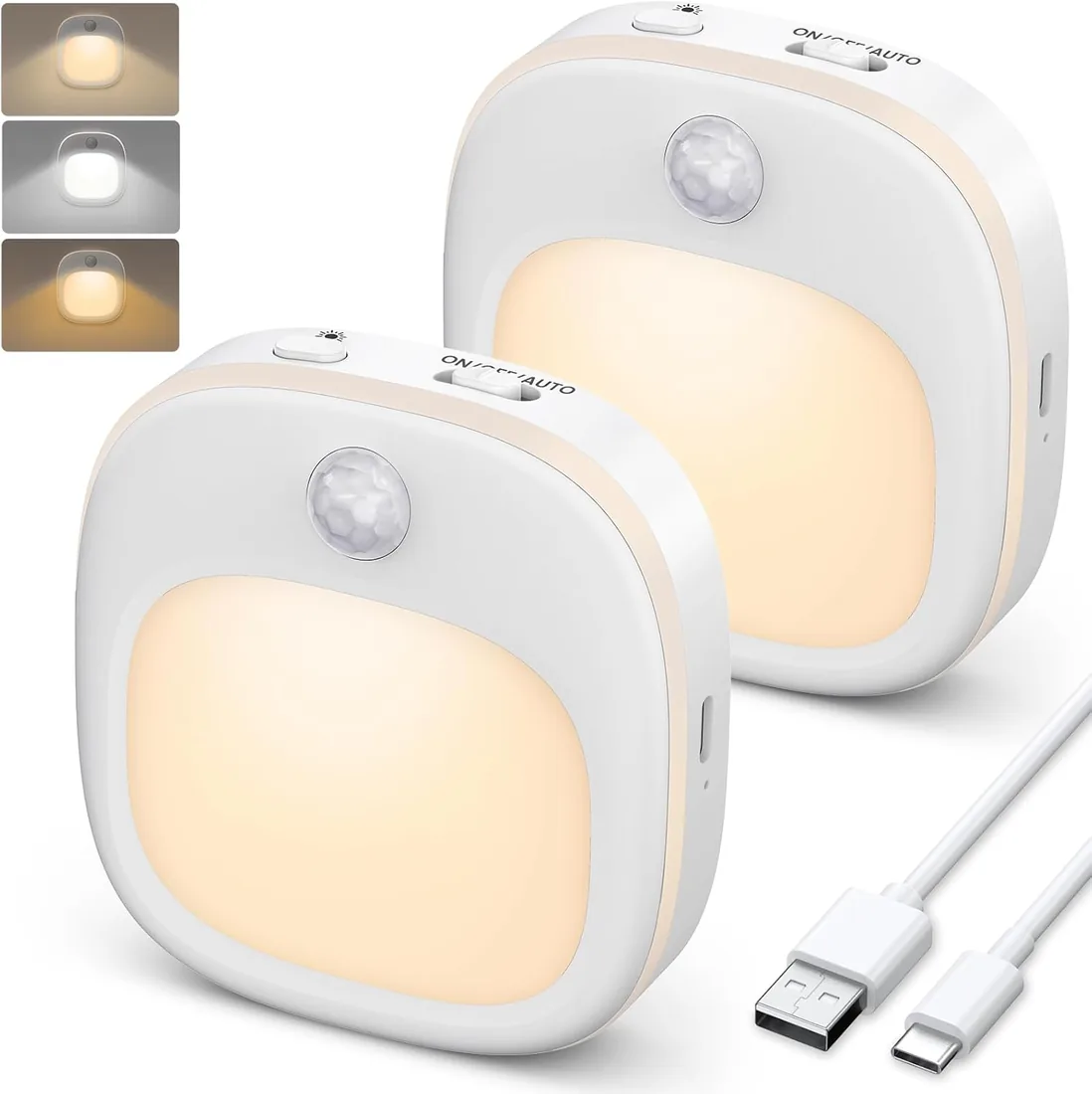 ANOPU Luz Nocturna con Sensor de Movimiento, [2 Piezas] Luz Nocturna Infantil USB-C Recargable con 3 Modos de Color (Cálido/Frío/Mixto), 15% -100% Regulable, Luz LED Adhesiva para Escaleras, Pasillo