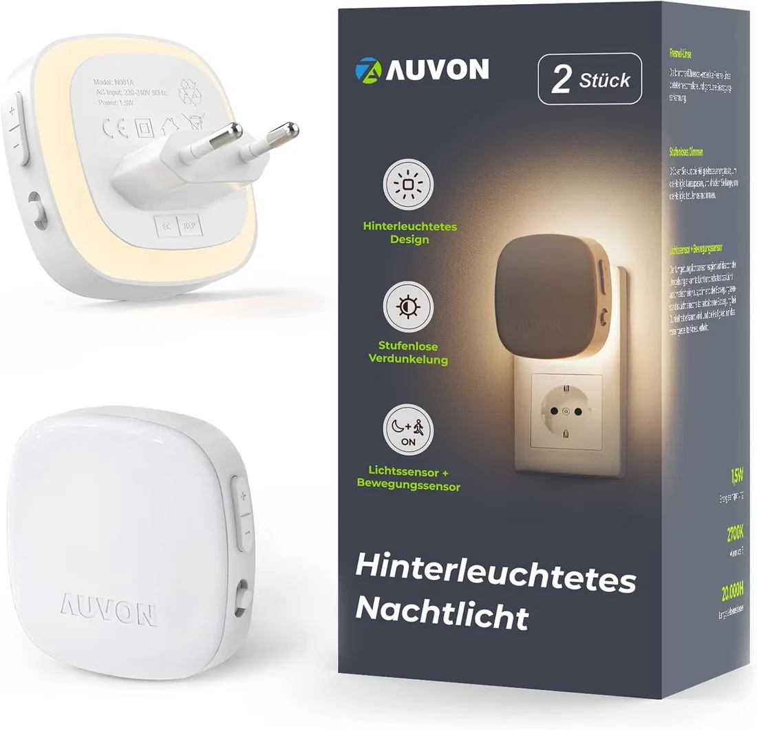 AUVON Luz Nocturna Infantil, Con Sensor de Movimiento/Crepuscular, Interior | Luz Nocturna Enchufe, Luz LED de Ajustable de 1-50LM Escalera, Pasillo, Dormitorio, Baño, Cocina, Paquete de 2, Blanco 2200K
