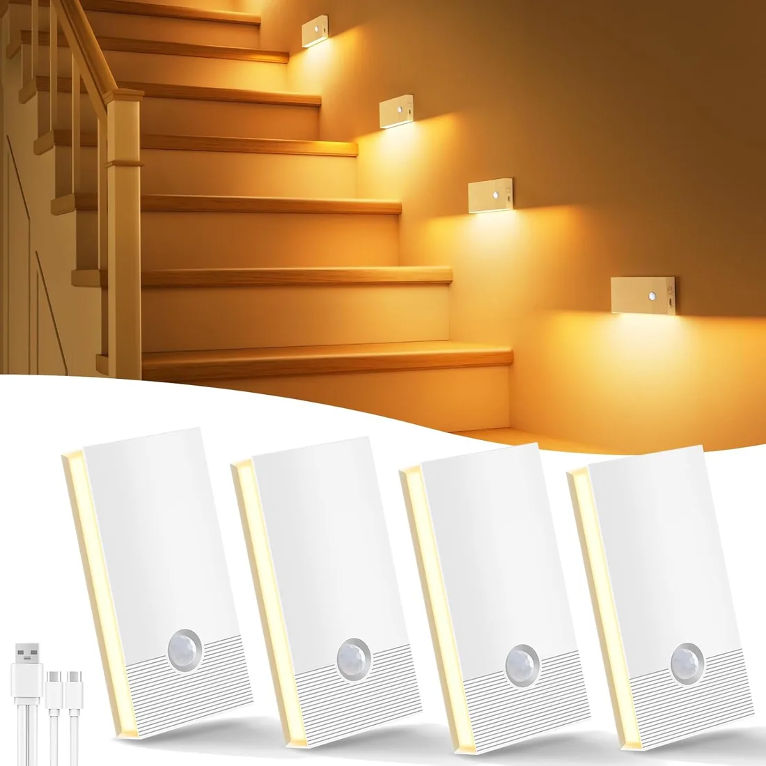 Luz Nocturna con Sensor de Movimiento, 4 Piezas Recargable Luz Nocturna Infantil con 3 Modos, Luz Noche LED Luz de Noche luz para Escaleras,Pasillo,Baño,Cocina, Habitaciones para niños, Blanco foto 3