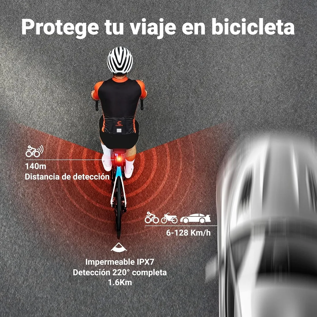 COOSPO TR70 Luz Trasera Radar Inteligente Bicicleta, 140m Detección, Bluetooth & Ant+ Conexión Dual, 7 Modos, 40h Batería, IP67 Impermeable VTT & Carretera foto 2
