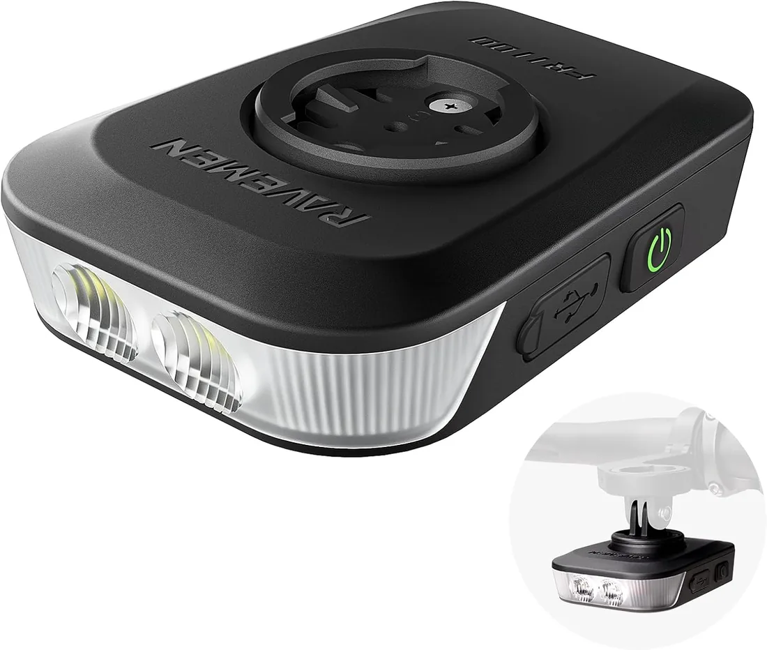 RAVEMEN FR1100SE Faro Delantero Compatible con Garmin Ciclocomputadores | compatible con Wahoo/Bryton, 1100 Lúmenes Luz Frontal gran Angular 270° para Ciclismo Urbano Nocturno y Advertencia Diurna
