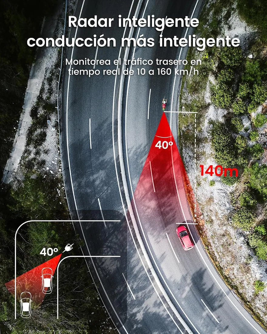 RAVEMEN NT201 Luz Trasera con Radar para Bicicleta, 80 Lúmenes Gran Angular y Brillante con Alerta Visual y Sonora Compatible con Ant+ para Conducción Urbana Diurna y Nocturna foto 2