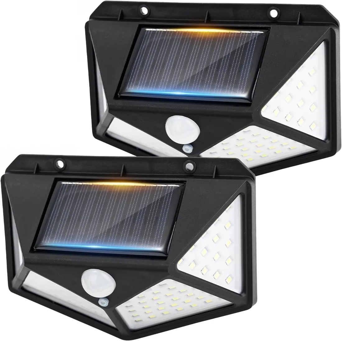 GRIFEMA Luz solar exterior con sensor, 100 LED, pack de 2 | Focos LED solares para jardín, 3 modos, ángulo 270°, IP65, batería 800mAh