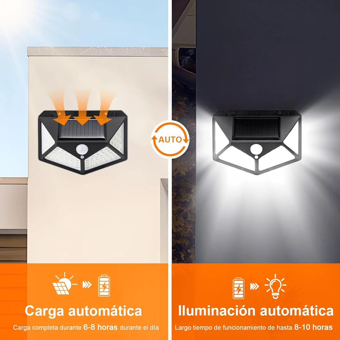 GRIFEMA Luz solar exterior con sensor, 100 LED, pack de 2 | Focos LED solares para jardín, 3 modos, ángulo 270°, IP65, batería 800mAh foto 2