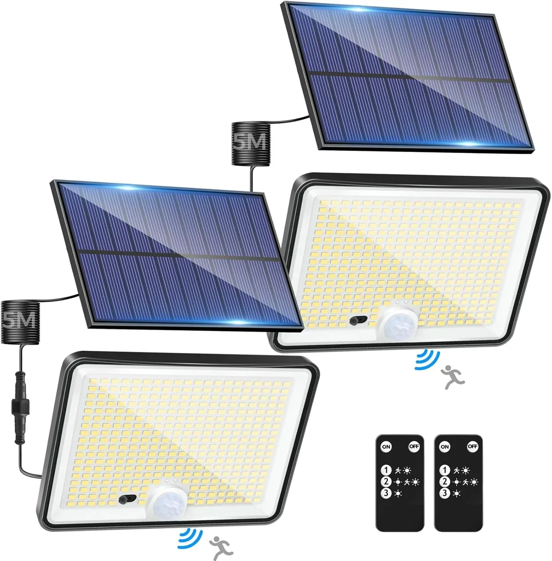 LOTMOS 2 Paquete 342LED Luz Solar Exterior Jardin Mando a Distancia | Focos Led Solares Sensor De Movimiento, IP65 Impermeable Lampara Solar, 3 Modos Luces Solares Led Exterior Jardin, Garajes