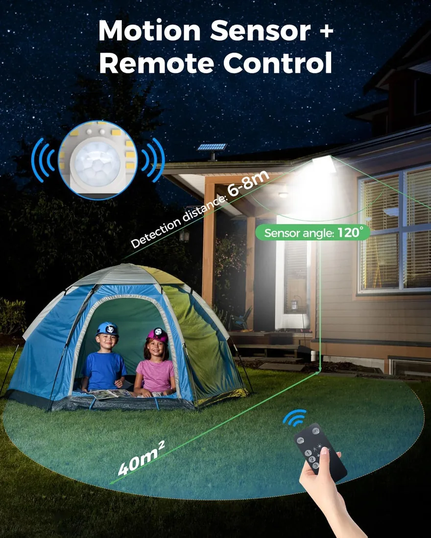 LOTMOS 2 Paquete 342LED Luz Solar Exterior Jardin Mando a Distancia | Focos Led Solares Sensor De Movimiento, IP65 Impermeable Lampara Solar, 3 Modos Luces Solares Led Exterior Jardin, Garajes foto 3