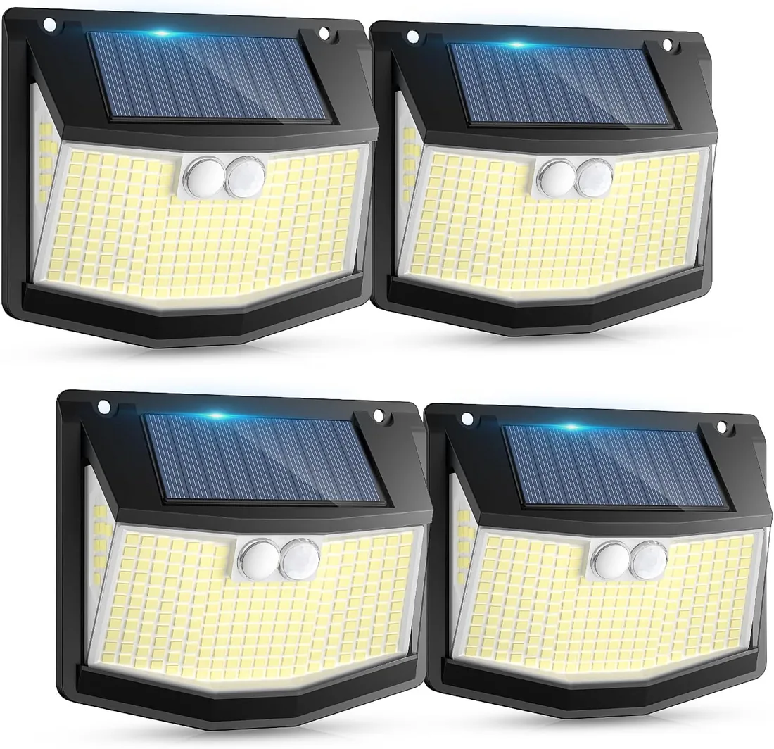 Luz Exterior Solar LED Jardin - 248 LED Luces Solar con Sensor Movimiento | 3 Modos, Exteriores Lampara 270° Iluminacion, IP65 Impermeable Focos Exterior Solares para Jardín Garaje Patio, 4 Paquete
