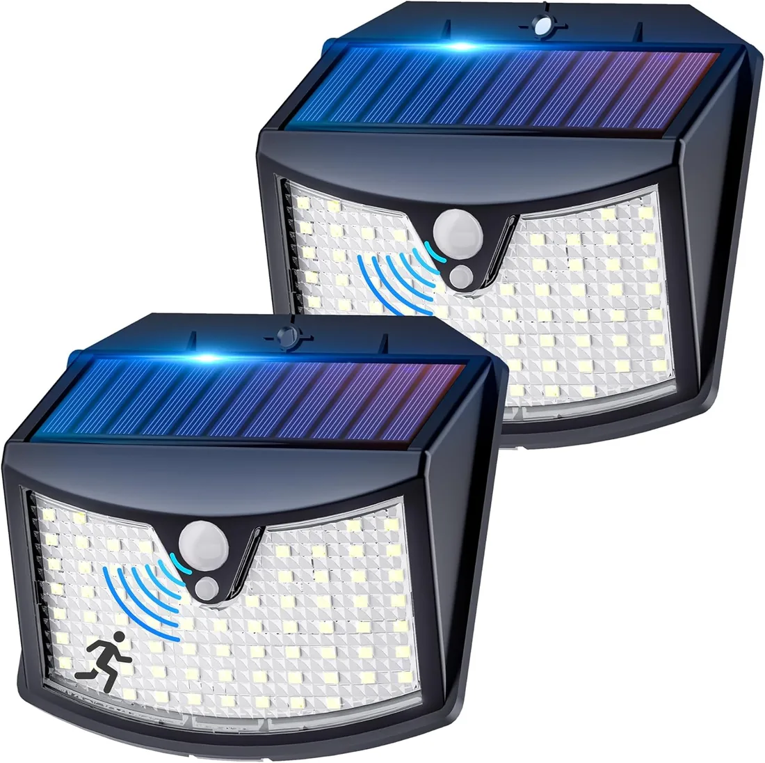Luz Solar Exterior con Sensor de Movimiento, 2 Paquete/3 Modos IP65 | Blanco Frío, Batería 1200mAh Focos LED Exterior Solares, Luces Solares LED Jardin para Garajes Caminos Puertas