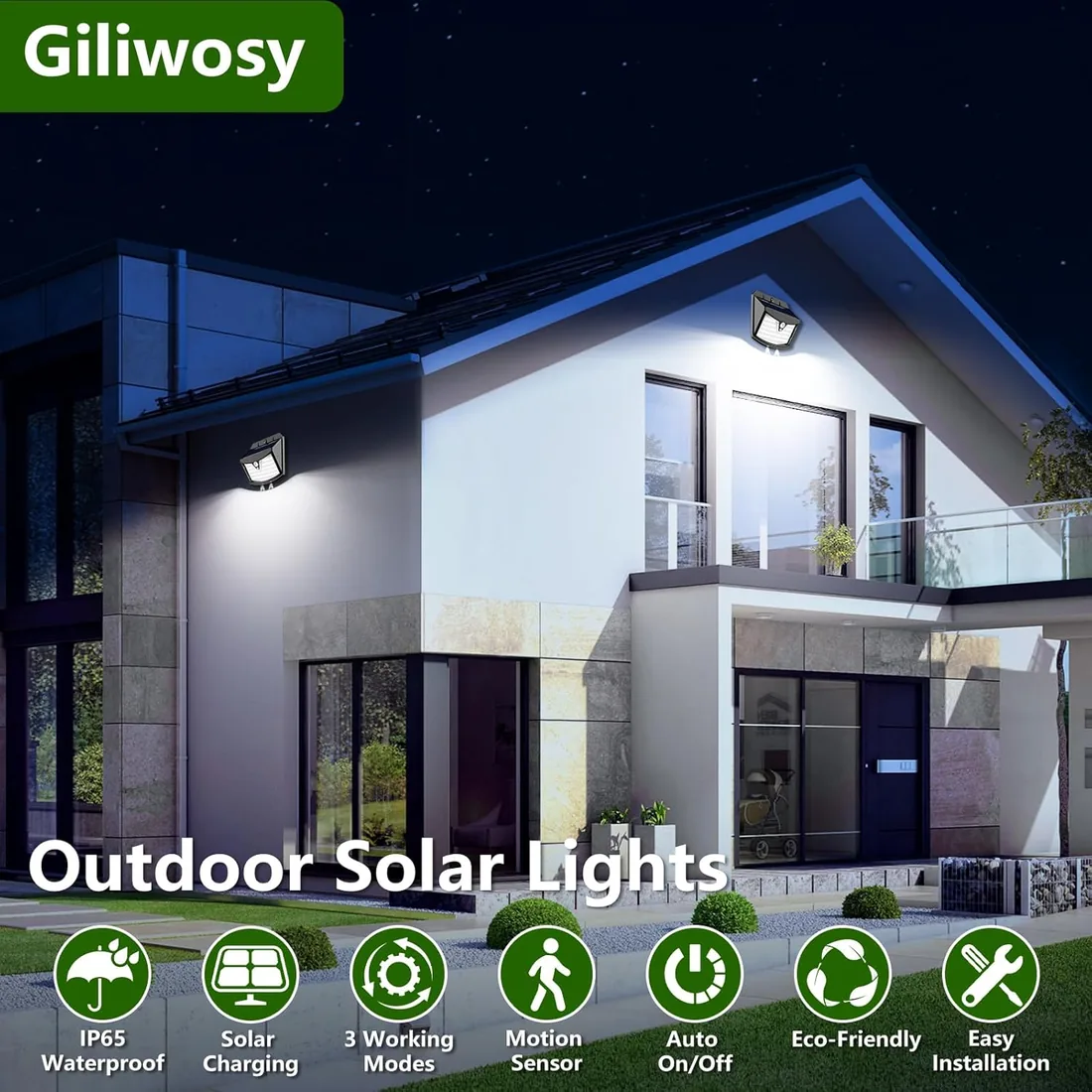 Luz Solar Exterior con Sensor de Movimiento, 2 Paquete/3 Modos IP65 | Blanco Frío, Batería 1200mAh Focos LED Exterior Solares, Luces Solares LED Jardin para Garajes Caminos Puertas foto 2